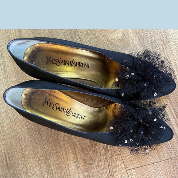 Yves Saint Laurent YSL VINTAGE 80's Size 6 1/2 Black Heels Tulle Sequin Pom RARE - Picture 7 of 12